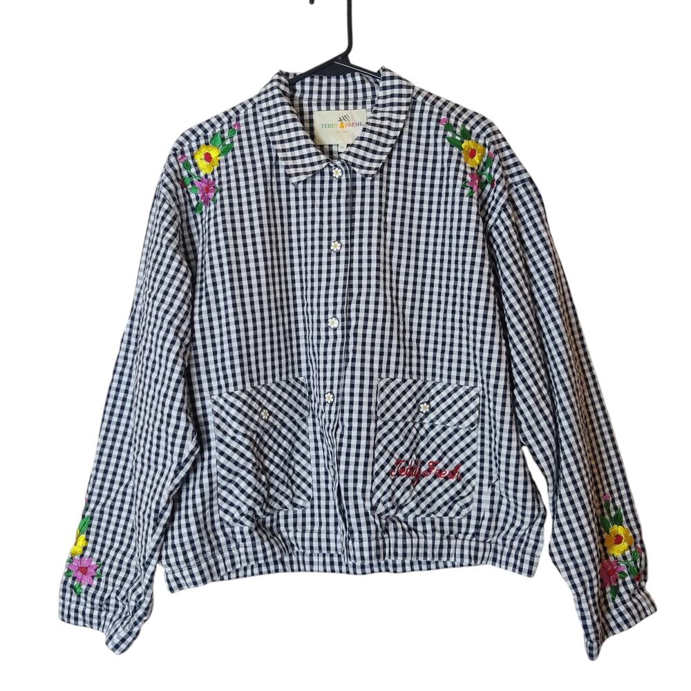 NWT Teddy Fresh Gingham Check Seersucker Floral Emroidered Jacket XL Cottagecore